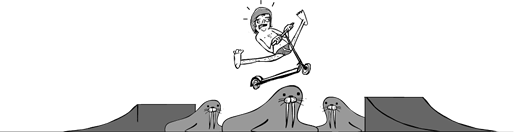 A man on a scooter jumping over some seals.